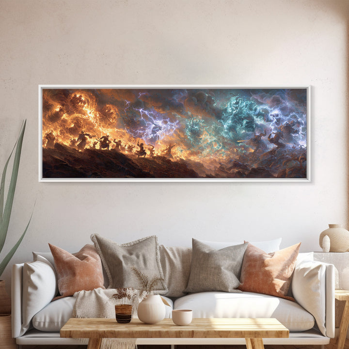 Dynamic Battle Scene Lightning Storm Fantasy Epic War Painting Wall Art Canvas Print For Mythical Home Decor And Unique Art Lovers