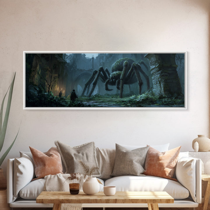 Giant Spider In Ancient Ruins With Adventurers, Dark Fantasy Illustration Wall Art Print, Framed Canvas Print For Gothic And Fantasy Decor
