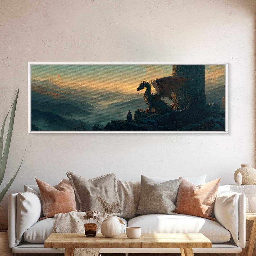Mystical Scene Of Hooded Figure Facing Dragon On Rocky Ledge Above Foggy Valleys Fantasy Wall Art Canvas Print