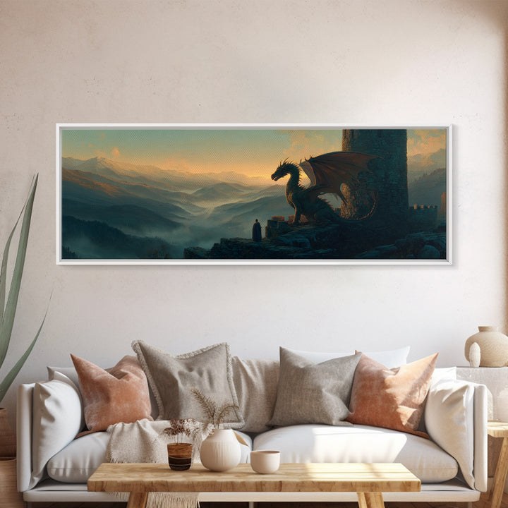 Mystical Scene Of Hooded Figure Facing Dragon On Rocky Ledge Above Foggy Valleys Fantasy Wall Art Canvas Print