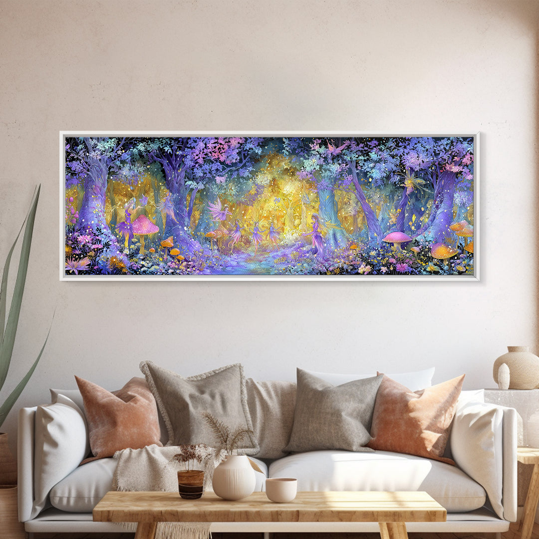 Enchanting Forest Fairy Dance With Magical Mushrooms And Glowing Lights Whimsical Wall Art Framed Canvas Print