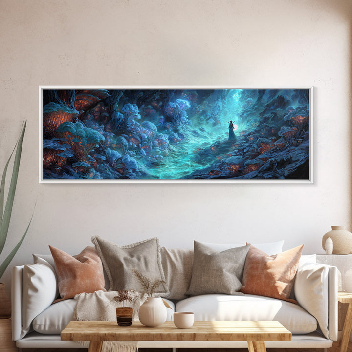 Surreal Fantasy Glowing Cave With Blue Mushroom Forest Wall Art Canvas Print For Mystical Decor And Unique Gift Ideas
