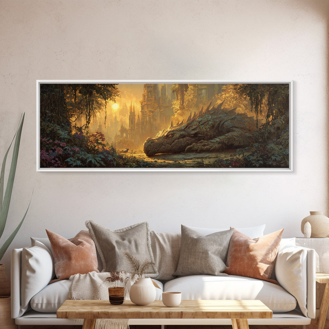 Fantasy Dragon Resting Peacefully In Enchanted Forest With Castle - Magical Fantasy Wall Art Canvas Print For Unique Home Decor