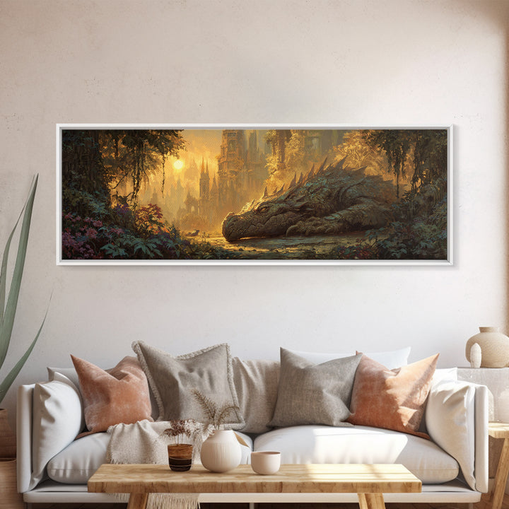 Fantasy Dragon Resting Peacefully In Enchanted Forest With Castle - Magical Fantasy Wall Art Canvas Print For Unique Home Decor