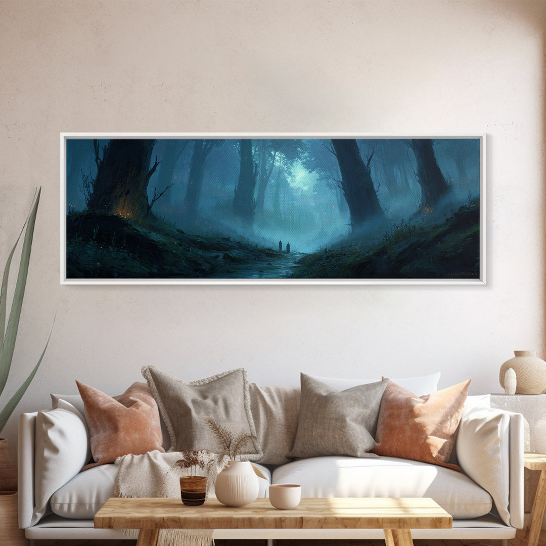Atmospheric Misty Woodland With Two Figures Walking Through Foggy Forest - Moody Wall Art Canvas Print For Living Room And Bedroom Decor