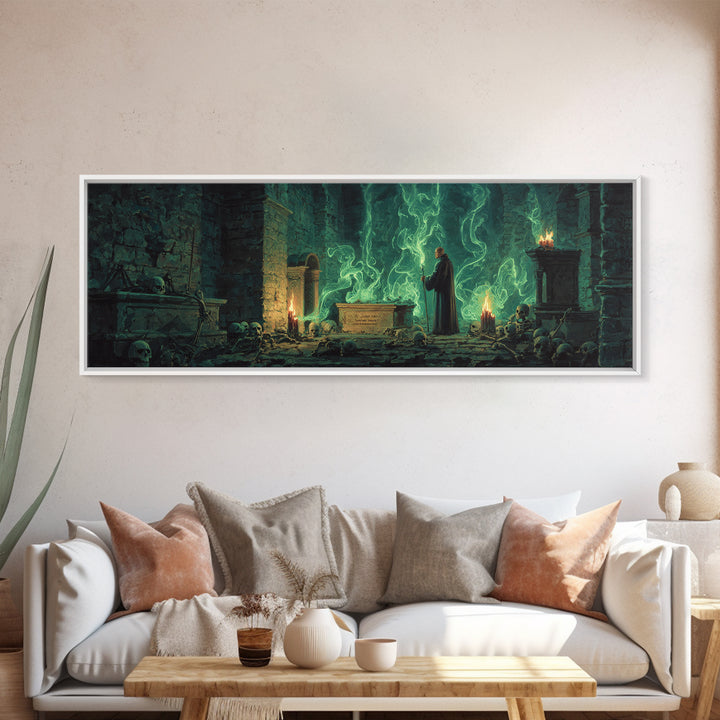 Mystical Wizard In Ancient Crypt With Glowing Green Flames Wall Art Modern Fantasy Decor Framed Canvas Print Unique Gift