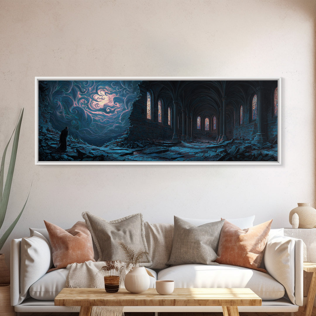 Majestic Ruined Gothic Church Scene At Night Fantasy Art Canvas Print For Dark Academia Wall Decor And Mystical Room Art