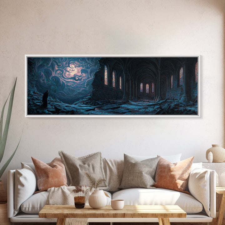 Majestic Ruined Gothic Church Scene At Night Fantasy Art Canvas Print For Dark Academia Wall Decor And Mystical Room Art