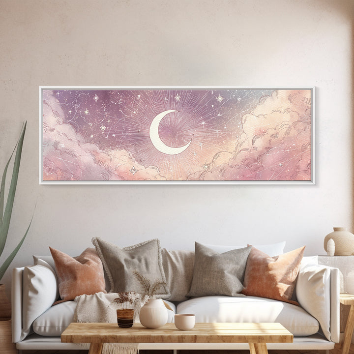 White Crescent Moon Over Pink Clouds Wall Art, Whimsical Celestial Nursery Decor, Dreamy Bedroom Decor, Framed Canvas Print