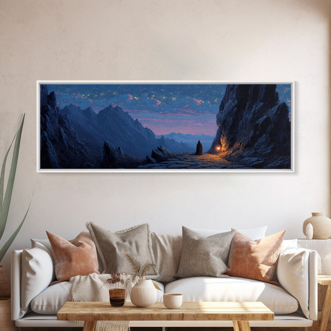 Mystical Knight Under Starry Night Sky Landscape Wall Art Framed Canvas Print For Fantasy Home Decor