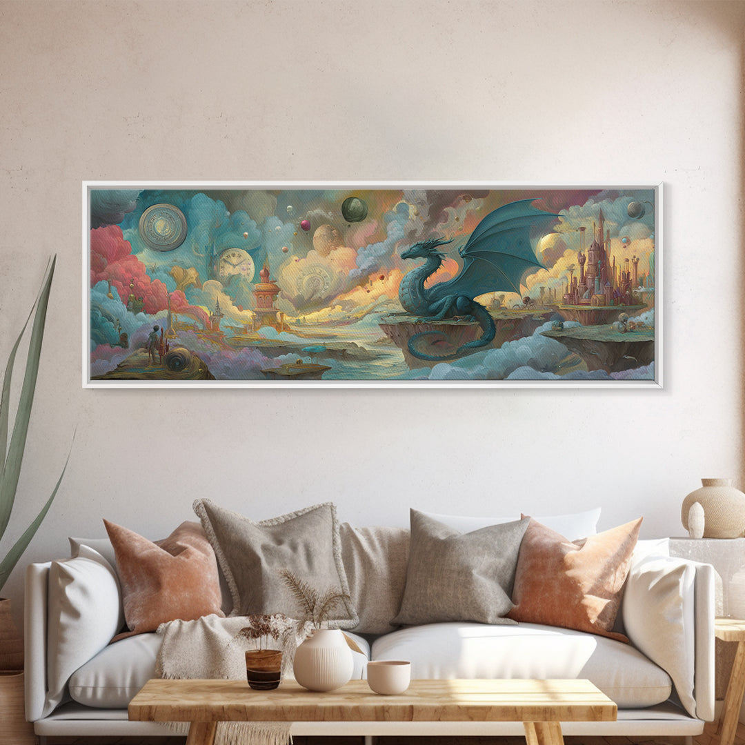 Majestic Blue Dragon Sitting On Floating Islands In Surreal Fantasy Landscape Wall Art Poster Print