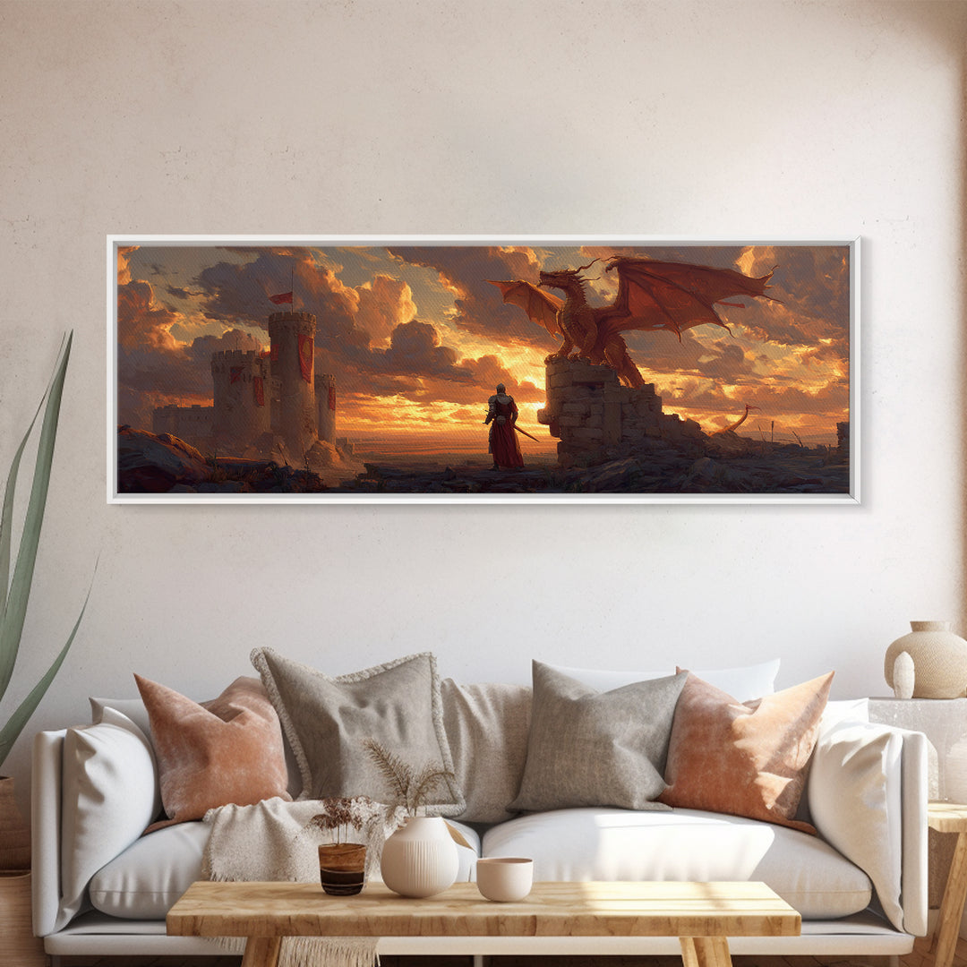 Majestic Dragon And Knight Battle At Castle Digital Fantasy Painting Framed Canvas Print For Magical Wall Art Home Decor