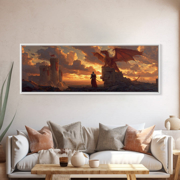 Majestic Dragon And Knight Battle At Castle Digital Fantasy Painting Framed Canvas Print For Magical Wall Art Home Decor