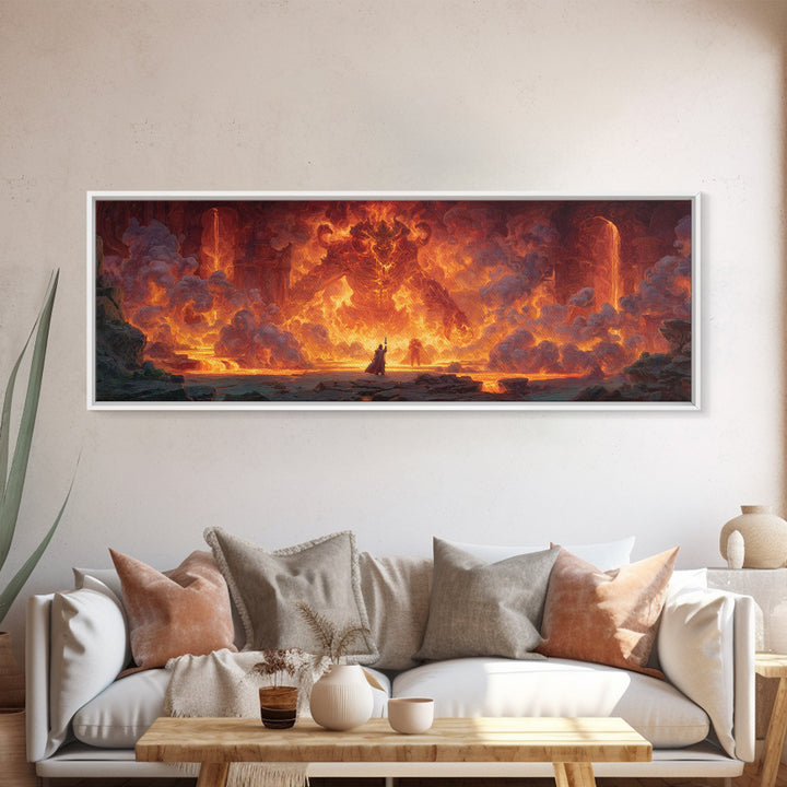 Fire Elemental Giant Facing Brave Warrior In Fiery Landscape Canvas Print Bold Large Wall Art For Dramatic Home Decor
