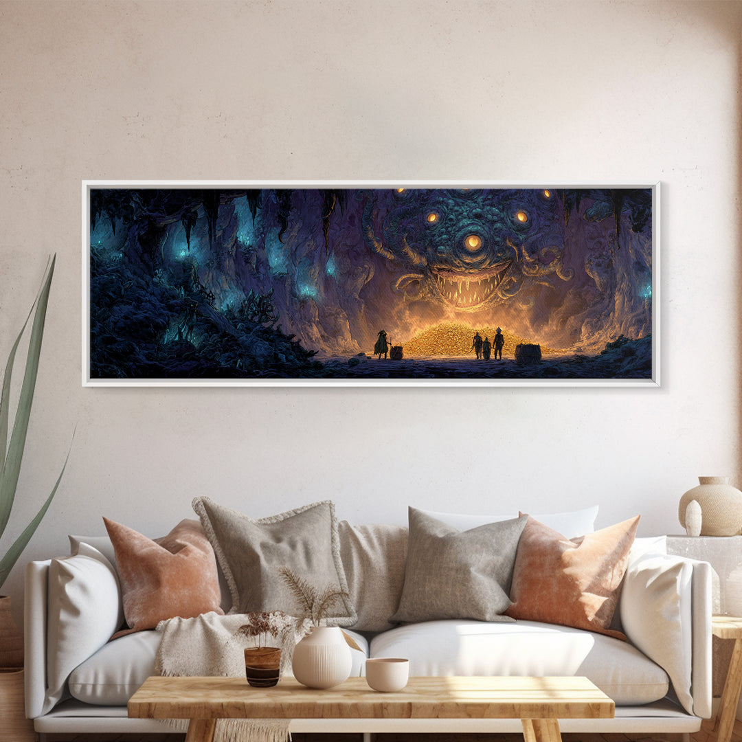 Fantasy Dungeon Scene With Beholder And Adventurers Original Illustration Wall Art Canvas Print For Gamers And Game Room Decor