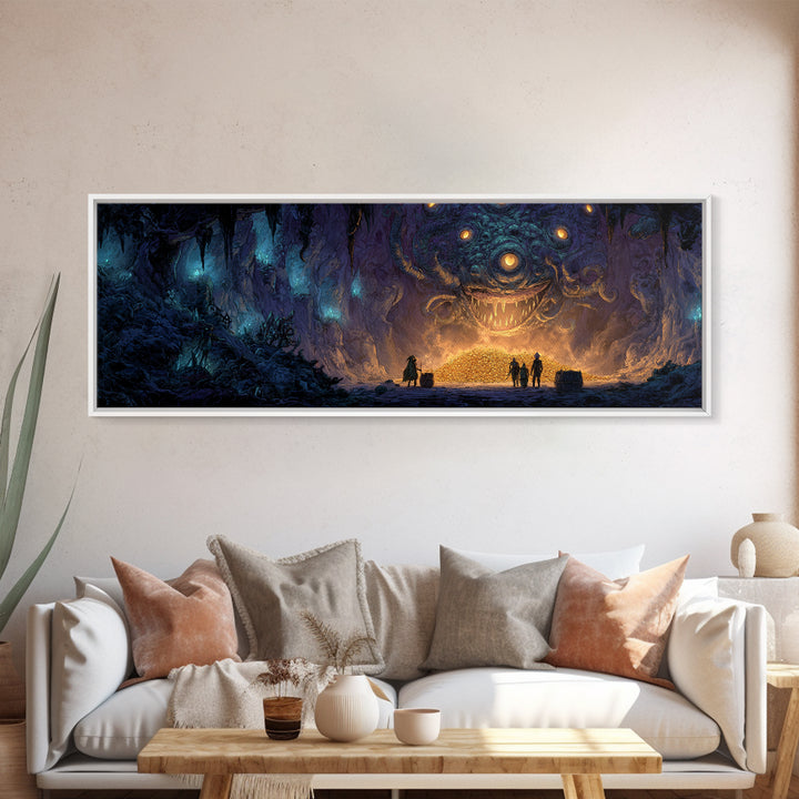 Fantasy Dungeon Scene With Beholder And Adventurers Original Illustration Wall Art Canvas Print For Gamers And Game Room Decor