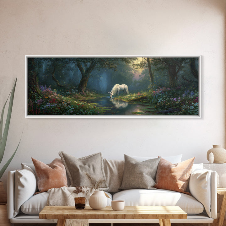 Magical Forest Unicorn Drinking From Stream With Enchanting Light Wall Art Framed Canvas Print For Fantasy Decor Kids Room