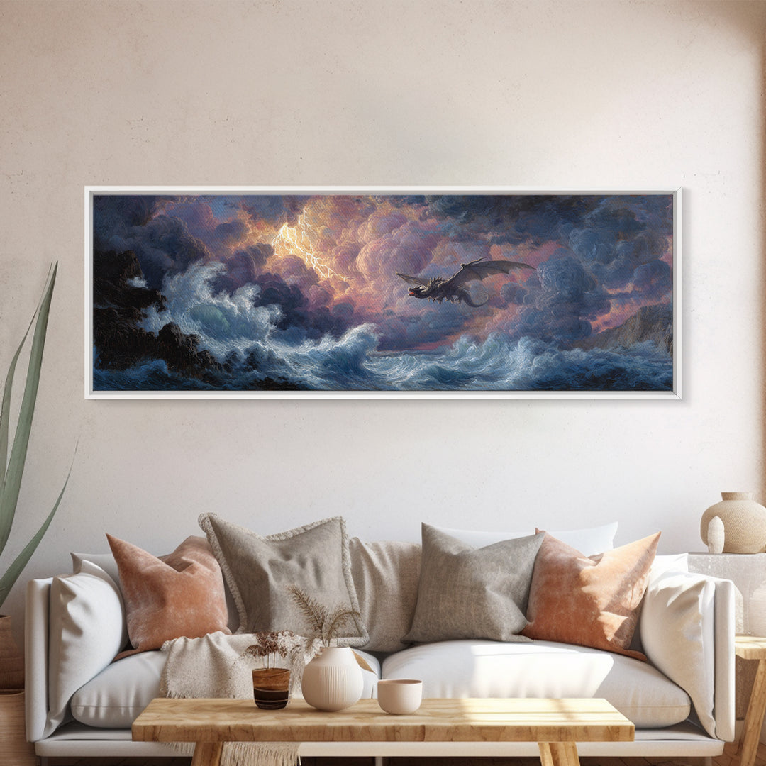 Stormy Seascape With Dragon Emerging From Ocean Waves Fantasy Wall Art Framed Canvas Print For Living Room Decor