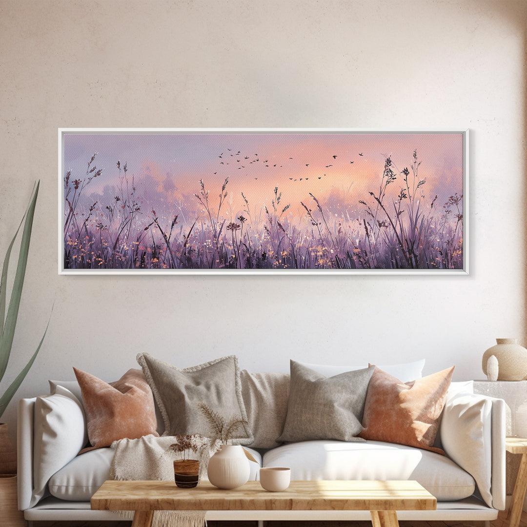 Lavender Wildflower Meadow At Sunset Wall Art, Pastel Nature Wall Decor, Calming Bedroom Decor, Large Horizontal Canvas Print