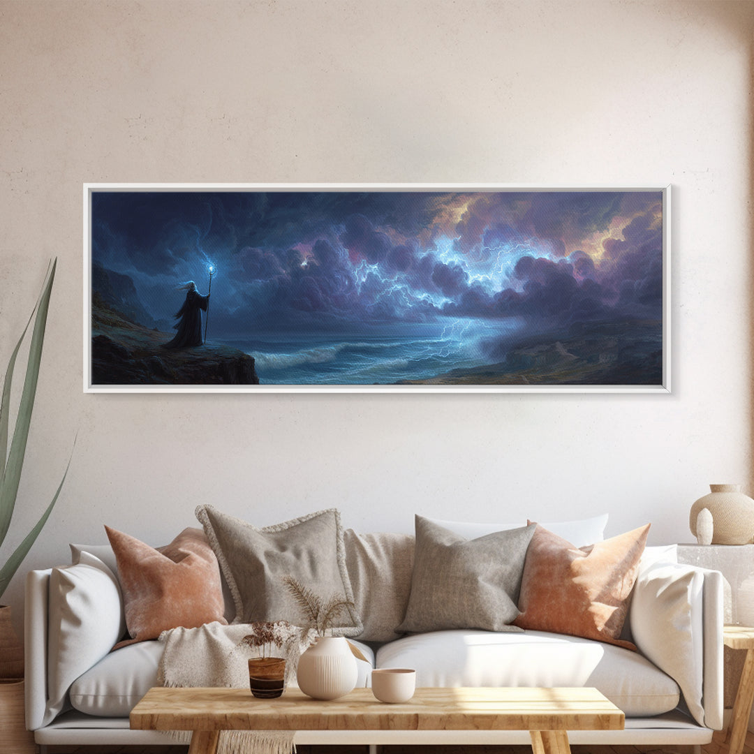 Epic Fantasy Wizard Holding Staff In Stormy Coastal Landscape - Magical Fantasy Wall Art Canvas Print For Mystical Room Decor