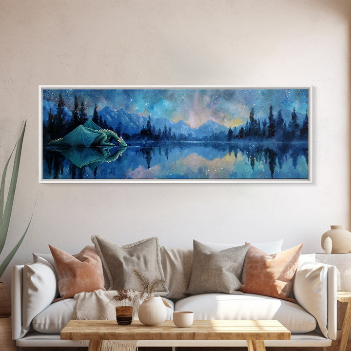 Serene Dragon By Moonlight Drinking From Crystal Lake Amid Starry Sky Framed Canvas Print Fantasy Wall Art