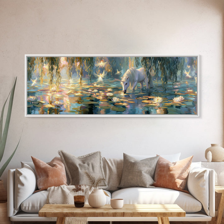 Fairy Tale Unicorn In Ethereal Lily Pond With Glowing Fairies - Whimsical Wall Art Framed Canvas Print For Nursery And Bedroom Decor