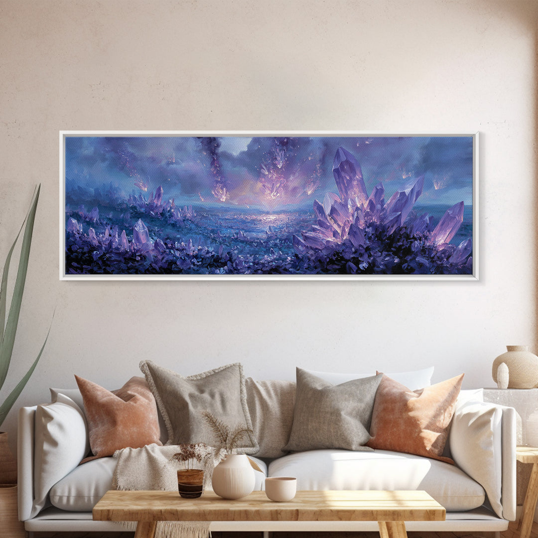 Mystical Purple Crystal Landscape With Falling Crystals Wall Art Framed Canvas Print For Unique Home Decor