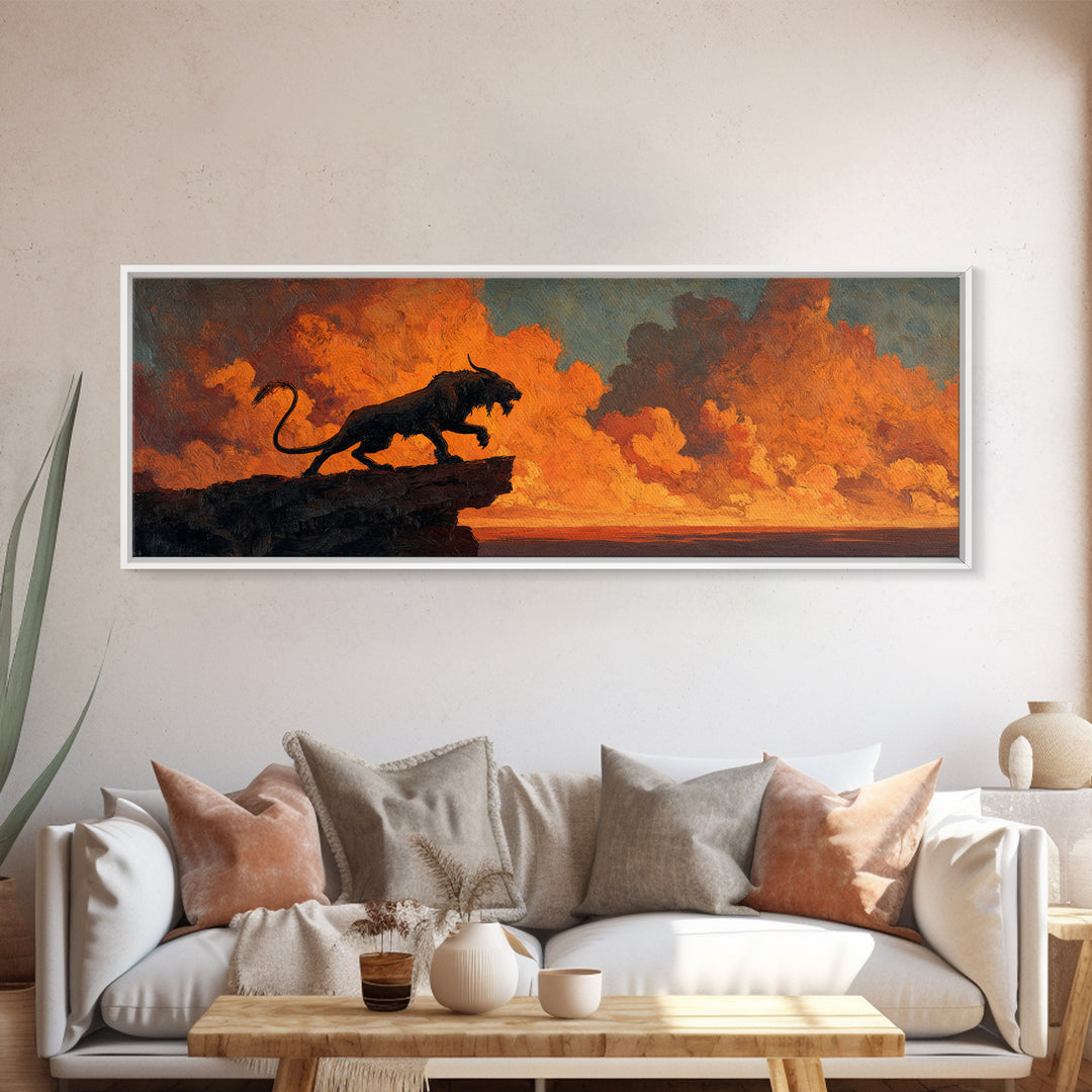Dramatic Black Panther Silhouette Against Fiery Sunset Sky Landscape Canvas Print For Unique Wall Art Decor