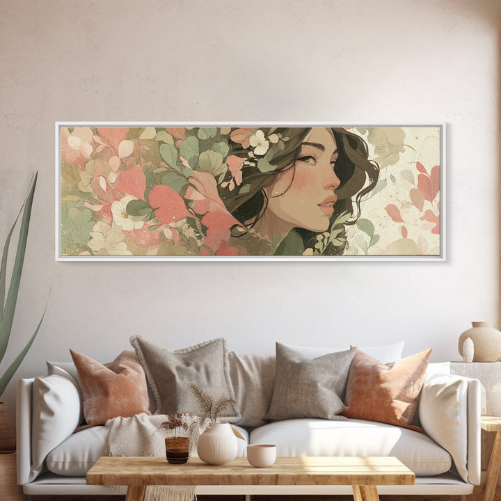 Floral Woman Portrait With Green Leaves Wall Art, Modern Feminine Botanical Decor, Boho Bedroom Decor, Framed Canvas Print