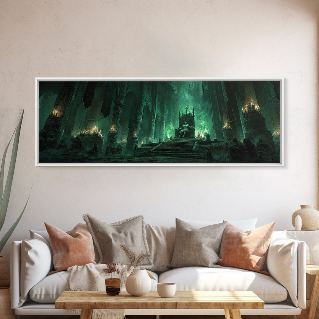 Green Fantasy Gothic Cathedral Throne Room Dark Artwork Wall Art Canvas Print Moody Gothic Home Decor