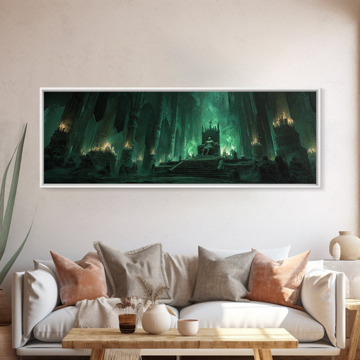 Green Fantasy Gothic Cathedral Throne Room Dark Artwork Wall Art Canvas Print Moody Gothic Home Decor