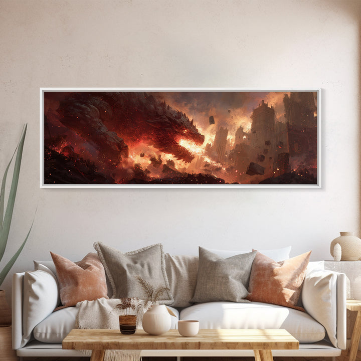 Epic Fiery Dragon Breathing Flames Amidst A Burning City Fantasy Wall Art Canvas Print For Modern Home Decor And Gaming Rooms