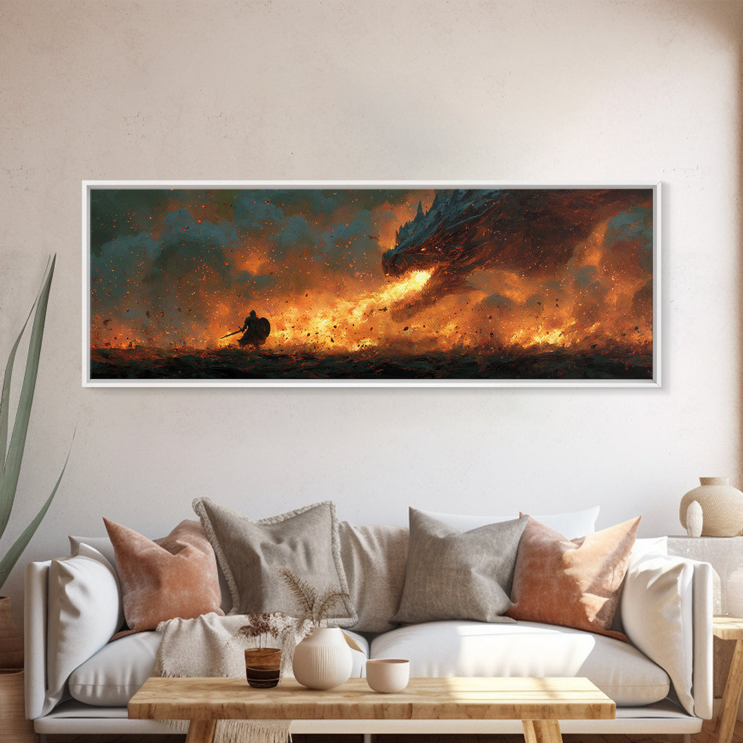 Fiery Viking Warrior Fighting Dragon Epic Fantasy Wall Art Framed Canvas Print For Dramatic Home Decor Gift