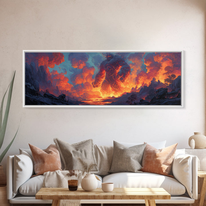 Medieval Fantasy Scene With Warrior And Dragon On Castle Overlooking Misty Mountains Sunset Large Canvas Print Wall Art