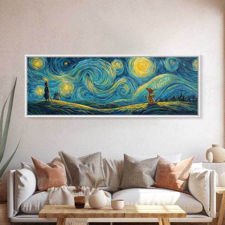 Whimsical Starry Night Inspired Canvas Print With Playful Dragon And Knight In Vibrant Blues And Yellows Unique Wall Art For Kids Room And Fantasy Decor