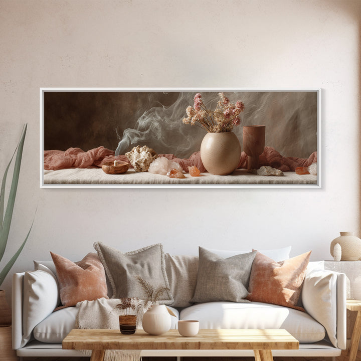 Smoky Crystals And Dried Flowers Framed Canvas Print, Zen Spa Wall Art, Neutral Boho Decor, Meditation Room Gift For Her
