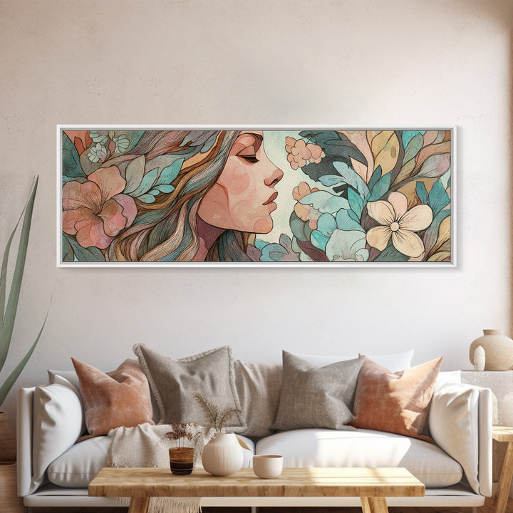 Art Nouveau Woman With Teal Florals Wall Art, Feminine Botanical Canvas Print, Boho Bedroom Decor, Living Room Decor, Gift For Her