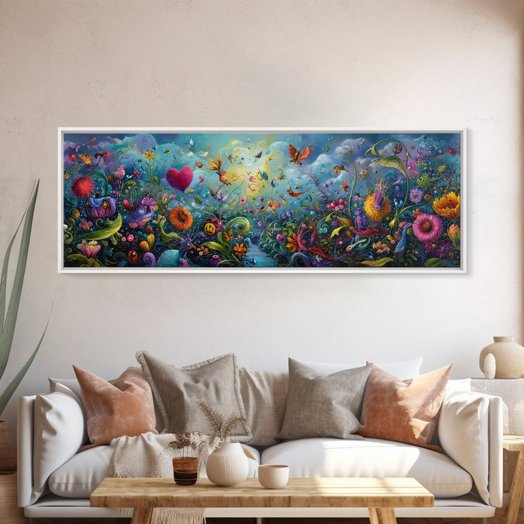 Ethereal Mystical Landscape With Cloud Giant Looming Over Young Boy Wall Art Framed Canvas Print For Inspirational Decor