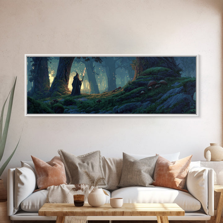 Epic Mountain Landscape With Wizard Wand Fantasy Wall Art Canvas Print Dramatic Home Decor Large Original Painting