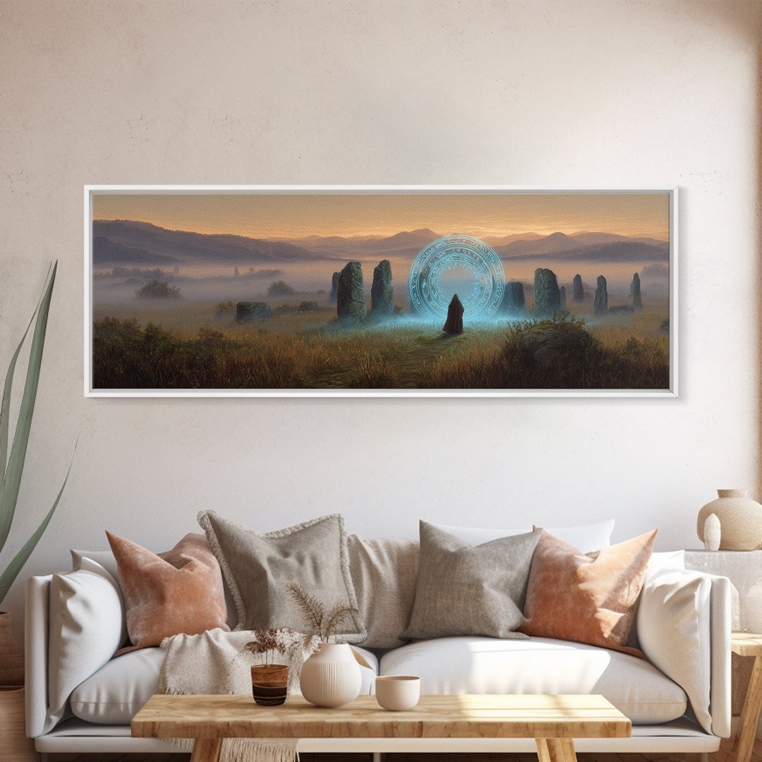 Mystical Wizard Standing Before Ancient Stone Circle With Glowing Magic Portal Fantasy Canvas Print Wall Art