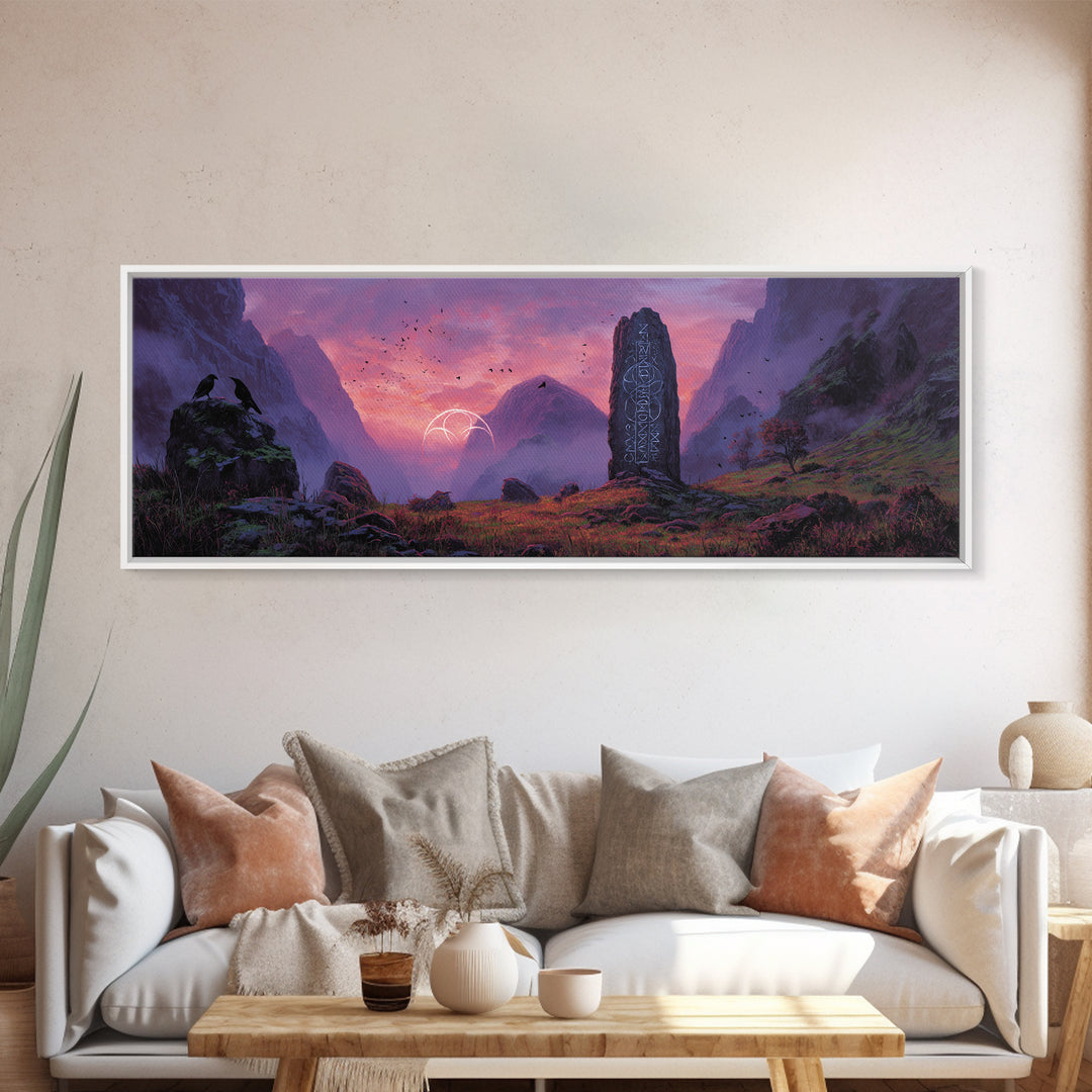 Mystical Landscape With Runes Stone Monolith And Magical Symbols At Dusk Fantasy Art Large Wall Art Canvas Print
