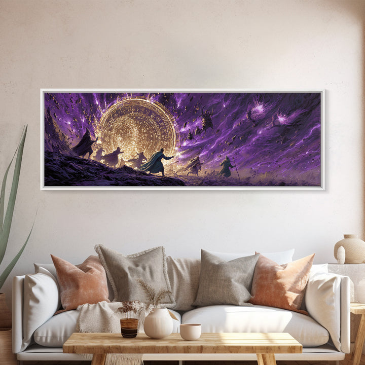 Epic Fantasy Battle Scene With Mages Creating Magical Barrier Against Creatures Wall Art Canvas Print
