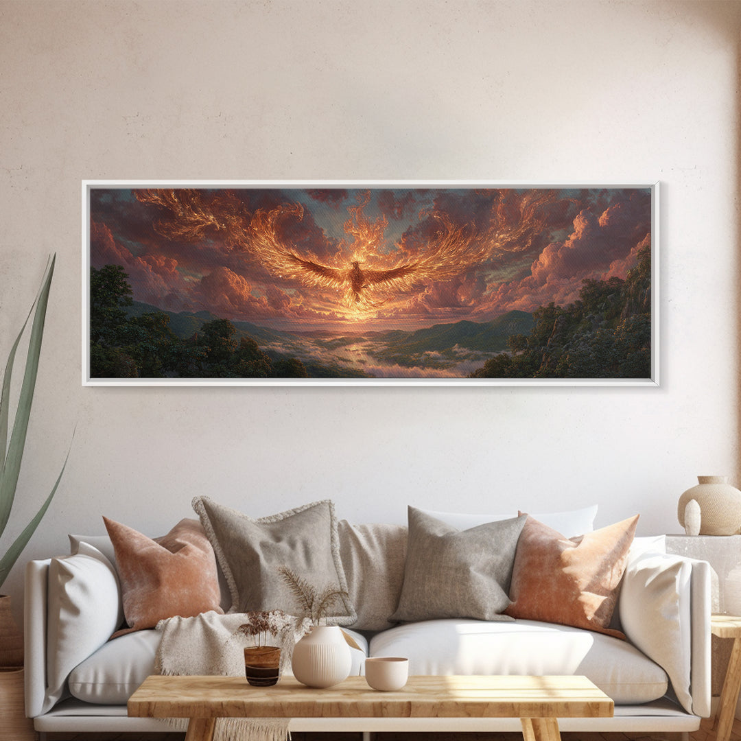 Majestic Phoenix Rising Over Scenic Valley Dramatic Sunset Landscape Canvas Print Modern Wall Art
