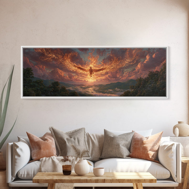 Majestic Phoenix Rising Over Scenic Valley Dramatic Sunset Landscape Canvas Print Modern Wall Art