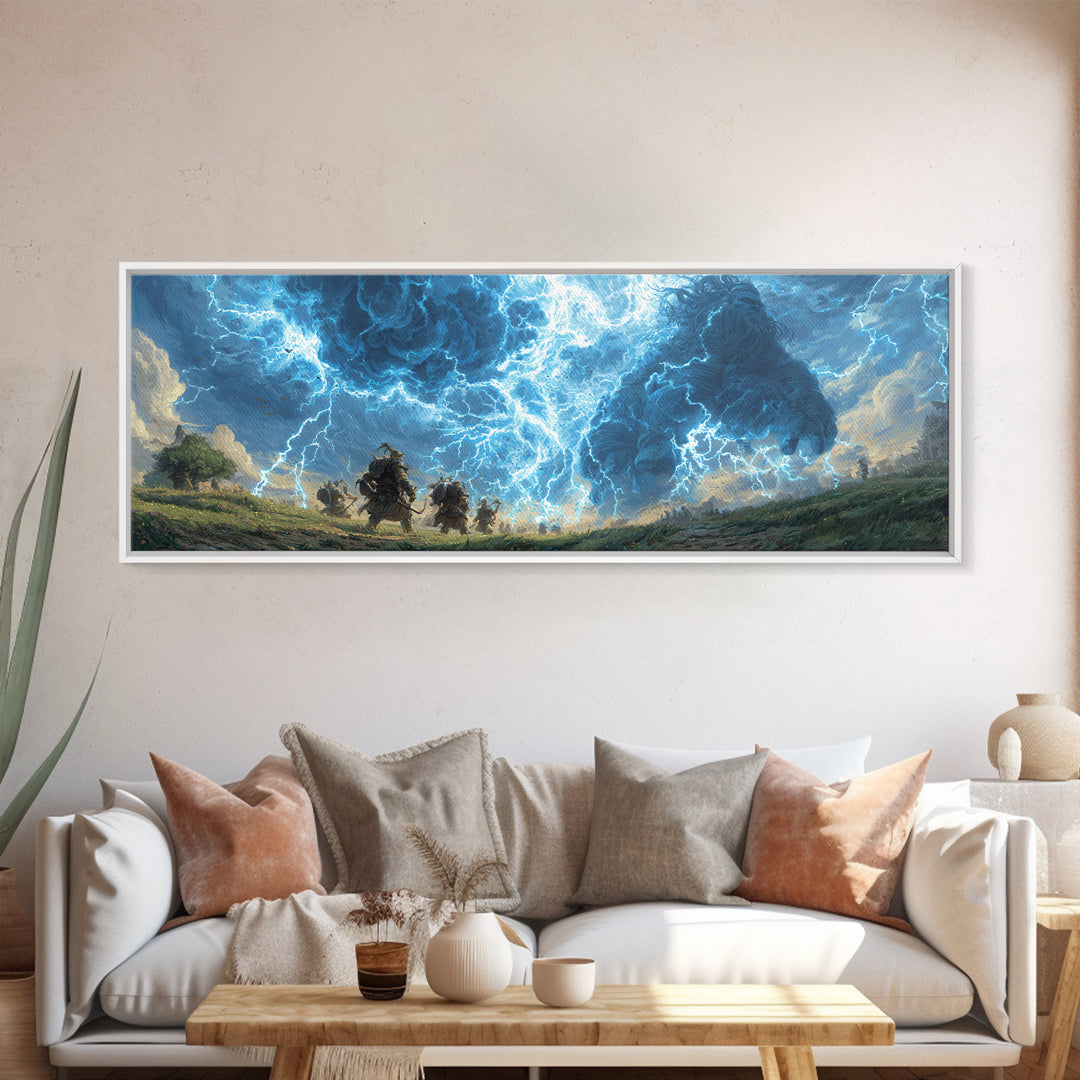 Epic Fantasy Battle Art Depicting Warriors Facing Giant Made Of Stormy Clouds Canvas Print