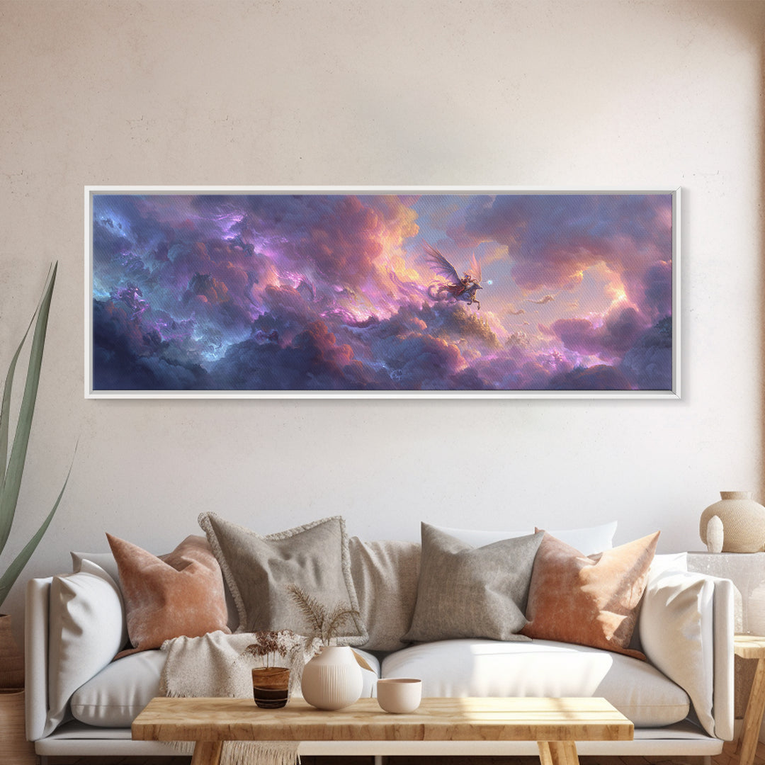 Epic Fantasy Sky Battle With Winged Warrior Dragons And Light Magic Canvas Print Large Wall Art For Fantasy Decor