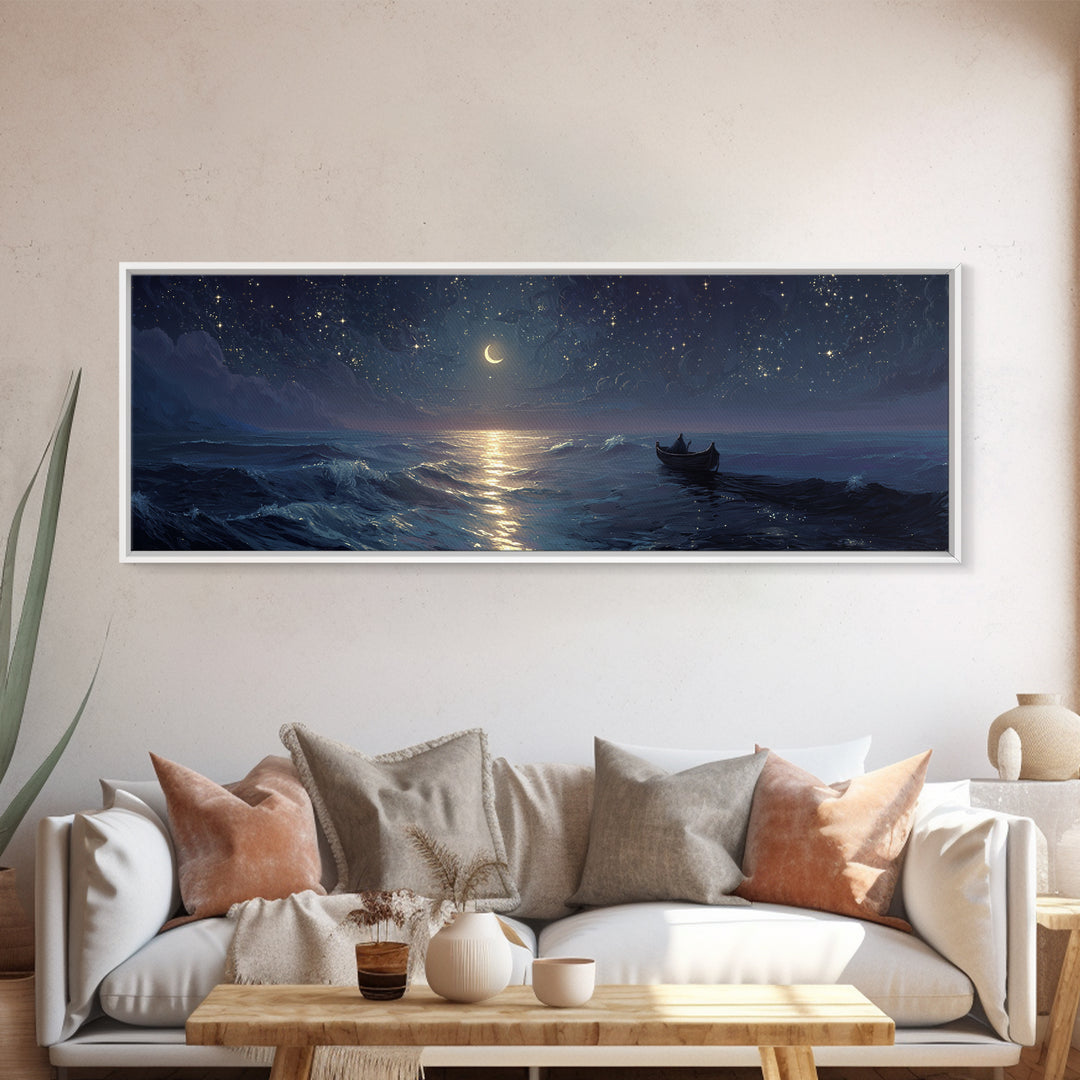 Serene Night Ocean Scene With Boat And Crescent Moon Under Starry Sky Wall Art Modern Coastal Decor Canvas Print