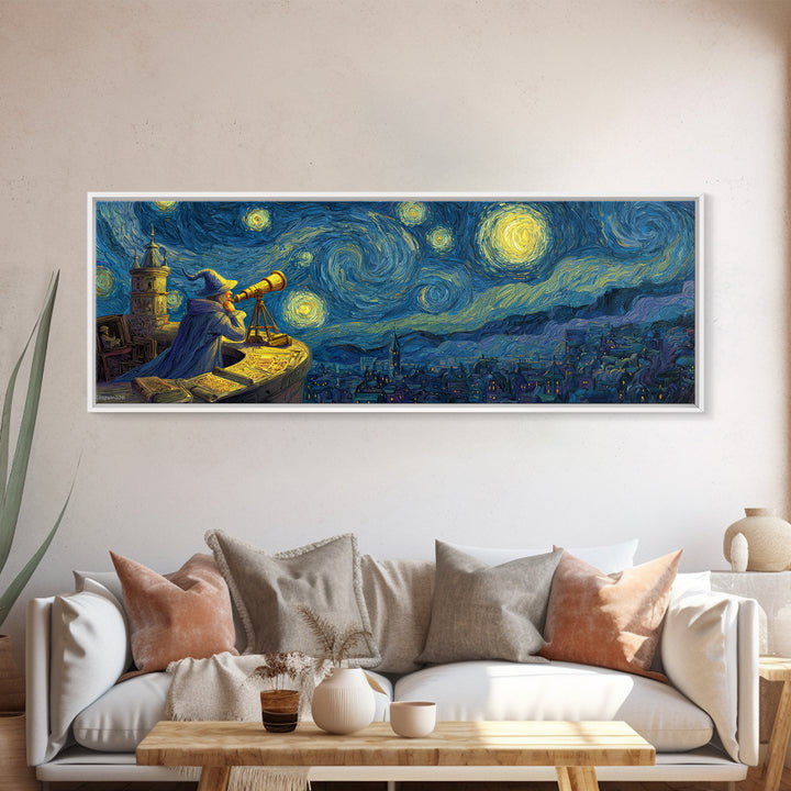 Starry Night Sky Over Town With Wizard And Telescope Classic Van Gogh Style Wall Art Framed Canvas Print