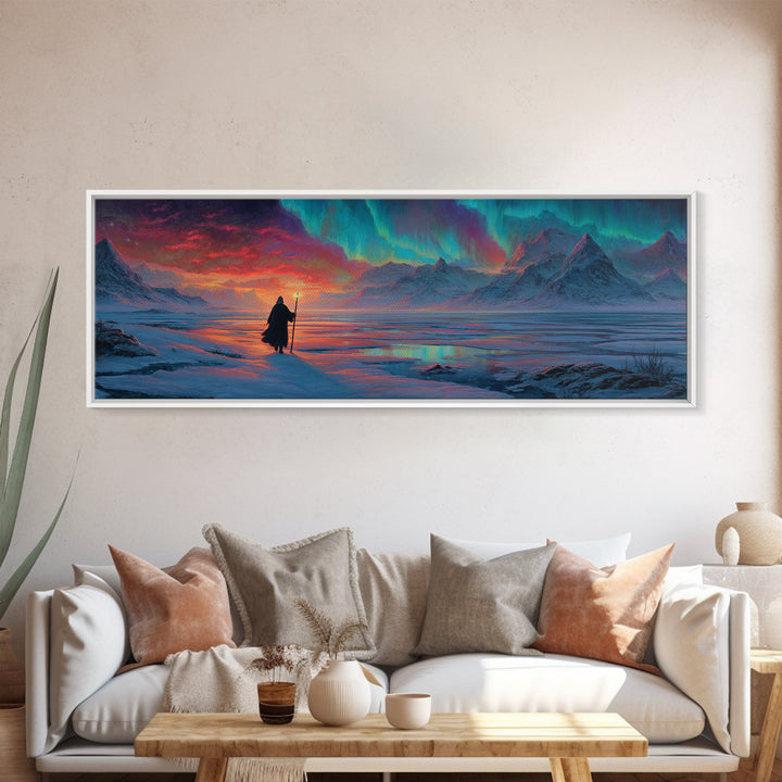 Wanderer Under Northern Lights Canvas Print, Aurora Borealis Wall Art, Arctic Mountain Landscape, Celestial Fantasy Decor
