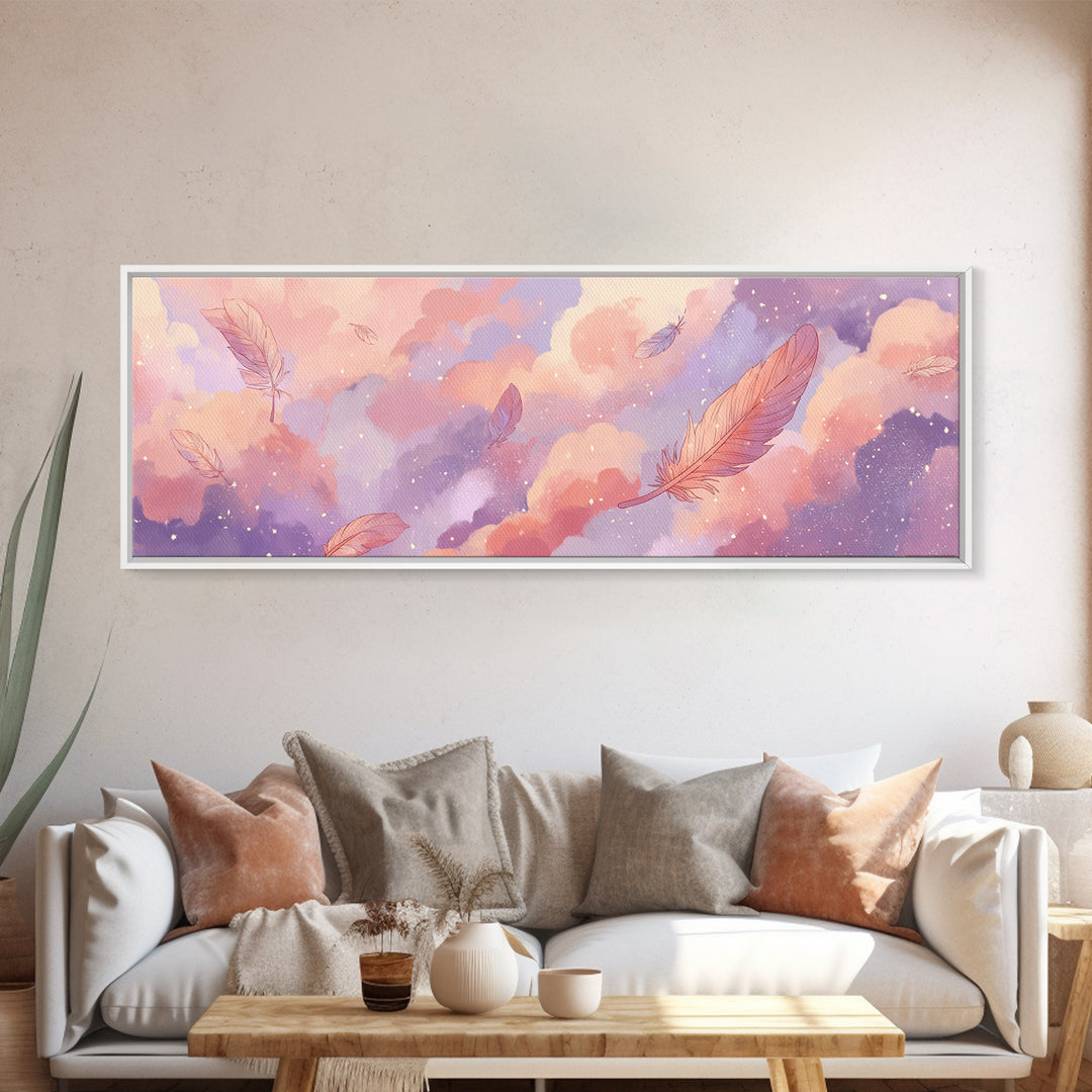 Pastel Dream Clouds And Floating Feathers Canvas Print, Whimsical Wall Art, Celestial Nursery Decor, Soft Pink Bedroom Art